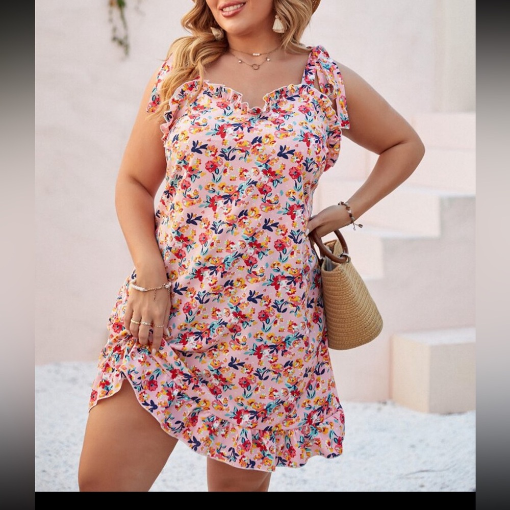 Pink Floral Ruffle Tie Strap Dress